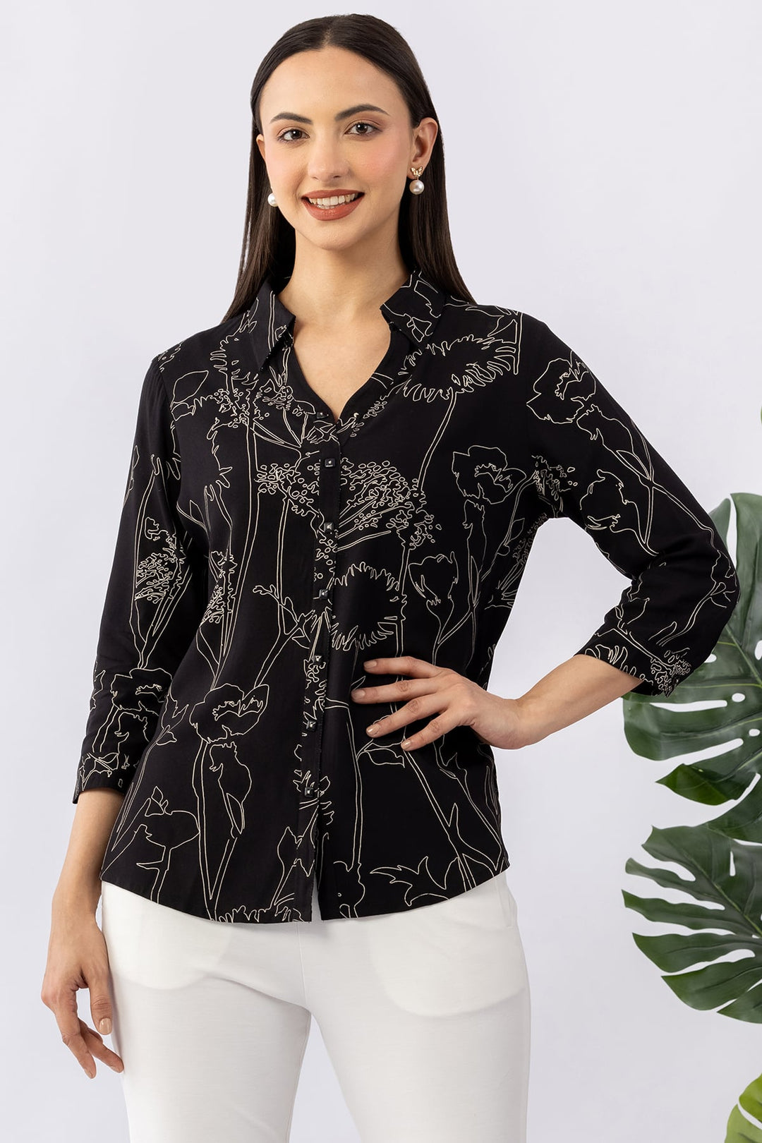 Black Viscose Printed Shirt with Collar &amp; 3/4 Sleeves