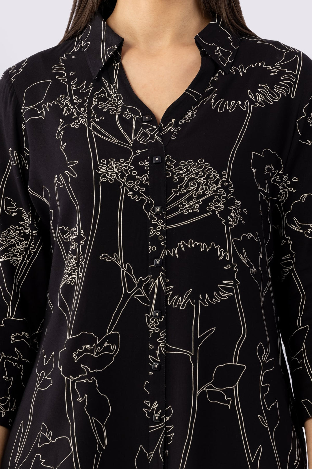 Black Viscose Printed Shirt with Collar &amp; 3/4 Sleeves
