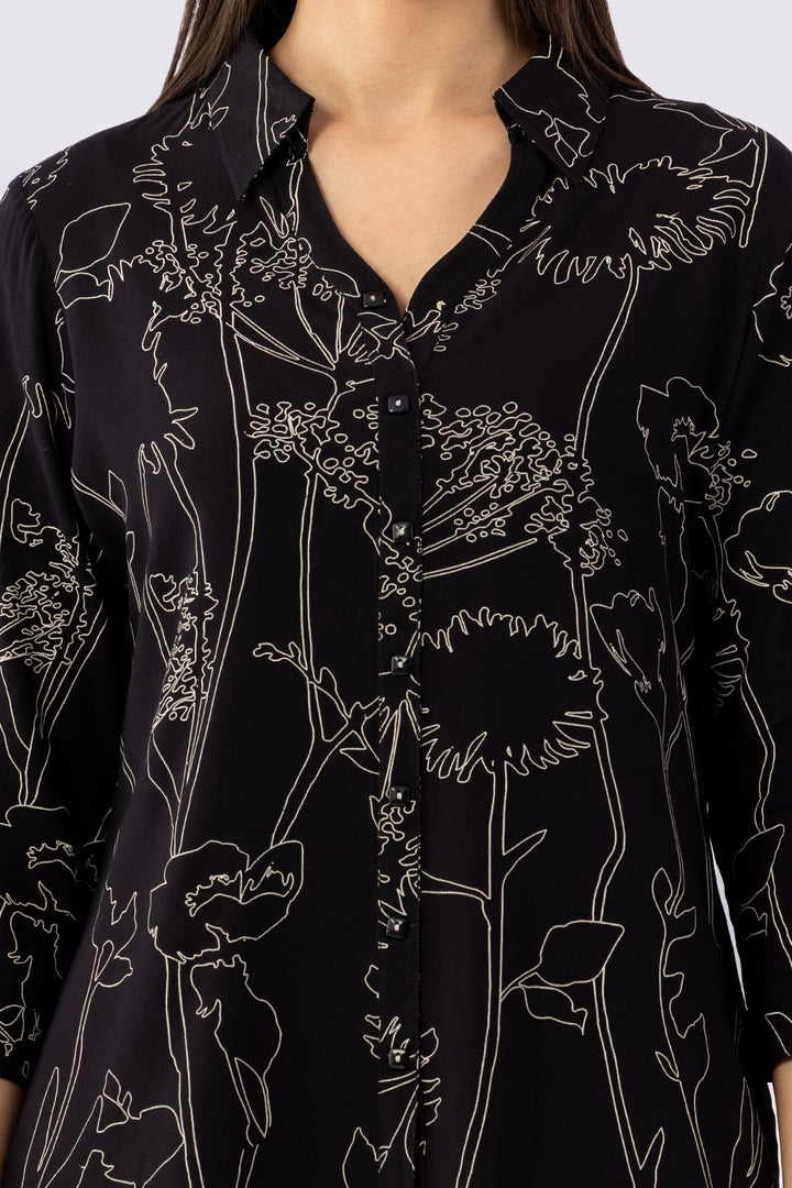 Black Viscose Printed Shirt with Collar &amp; 3/4 Sleeves