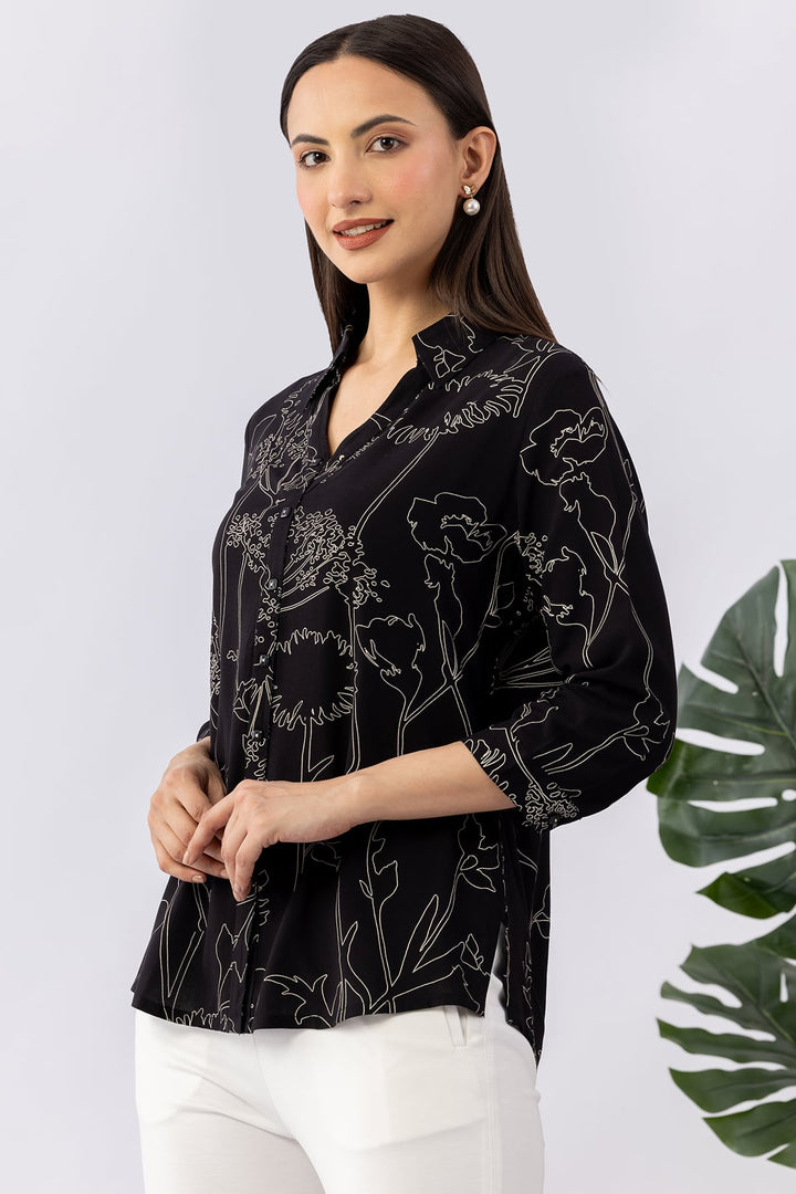 Black Viscose Printed Shirt with Collar &amp; 3/4 Sleeves