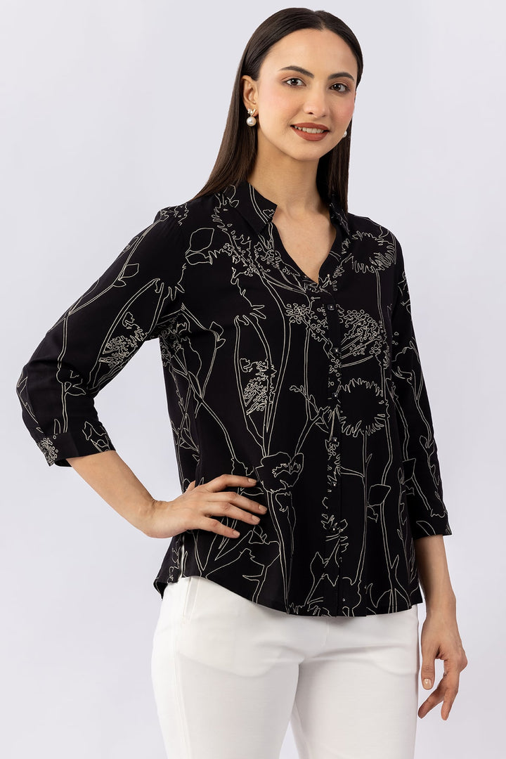 Black Viscose Printed Shirt with Collar &amp; 3/4 Sleeves