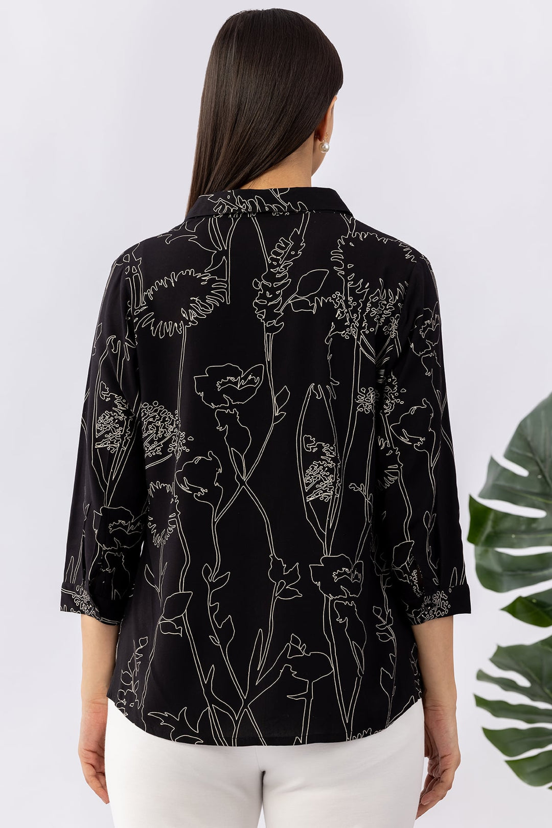 Black Viscose Printed Shirt with Collar &amp; 3/4 Sleeves
