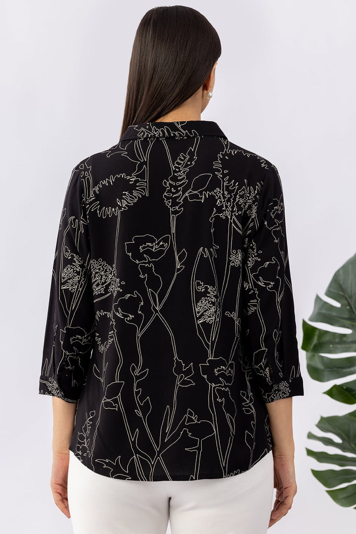 Black Viscose Printed Shirt with Collar &amp; 3/4 Sleeves