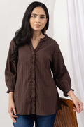 Brown Cotton Crepe Dobby Mandarin Collar Shirt with 3/4 Sleeves