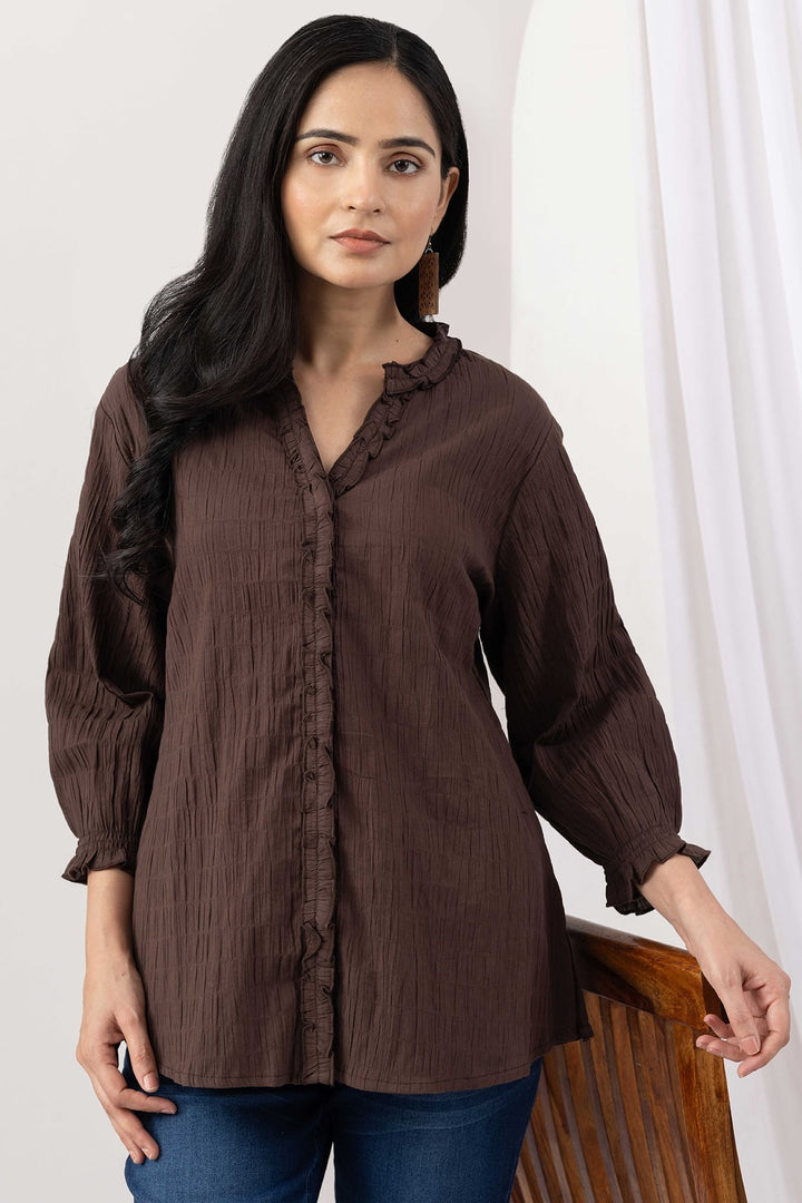 Brown Cotton Crepe Dobby Mandarin Collar Shirt with 3/4 Sleeves