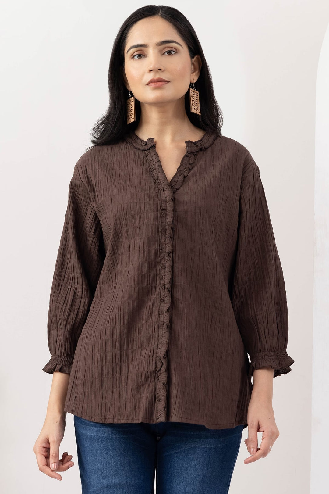 Brown Cotton Crepe Dobby Mandarin Collar Shirt with 3/4 Sleeves