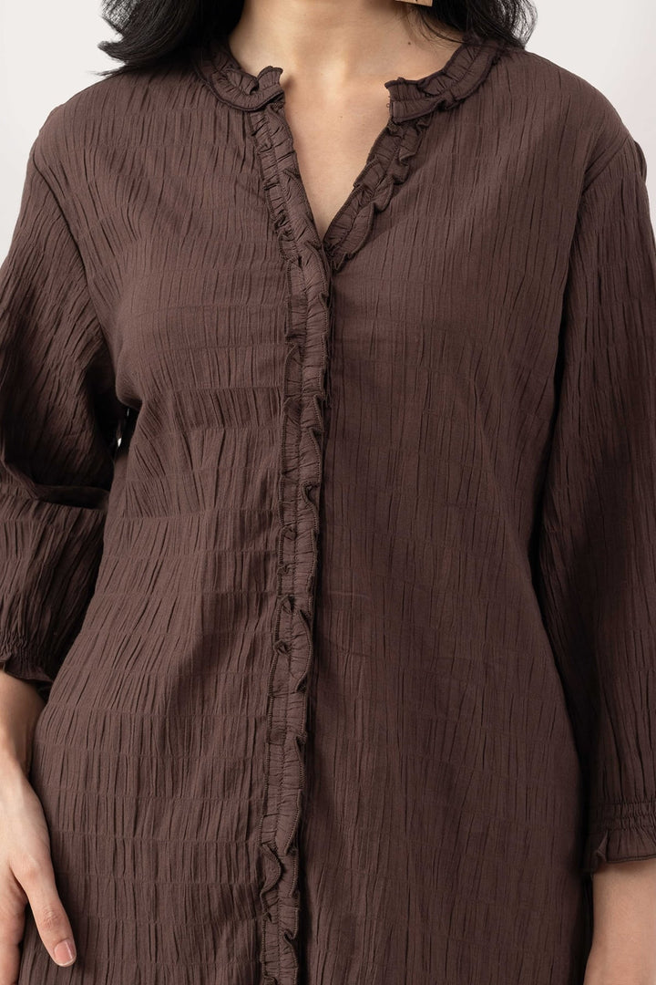 Brown Cotton Crepe Dobby Mandarin Collar Shirt with 3/4 Sleeves