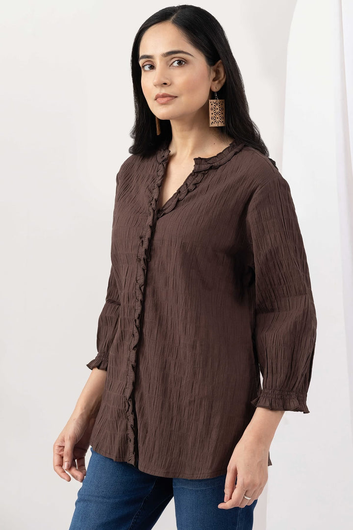 Brown Cotton Crepe Dobby Mandarin Collar Shirt with 3/4 Sleeves