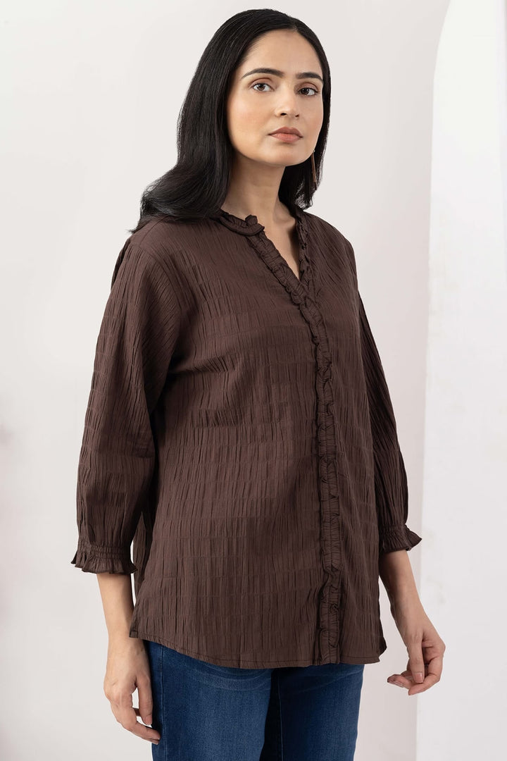 Brown Cotton Crepe Dobby Mandarin Collar Shirt with 3/4 Sleeves