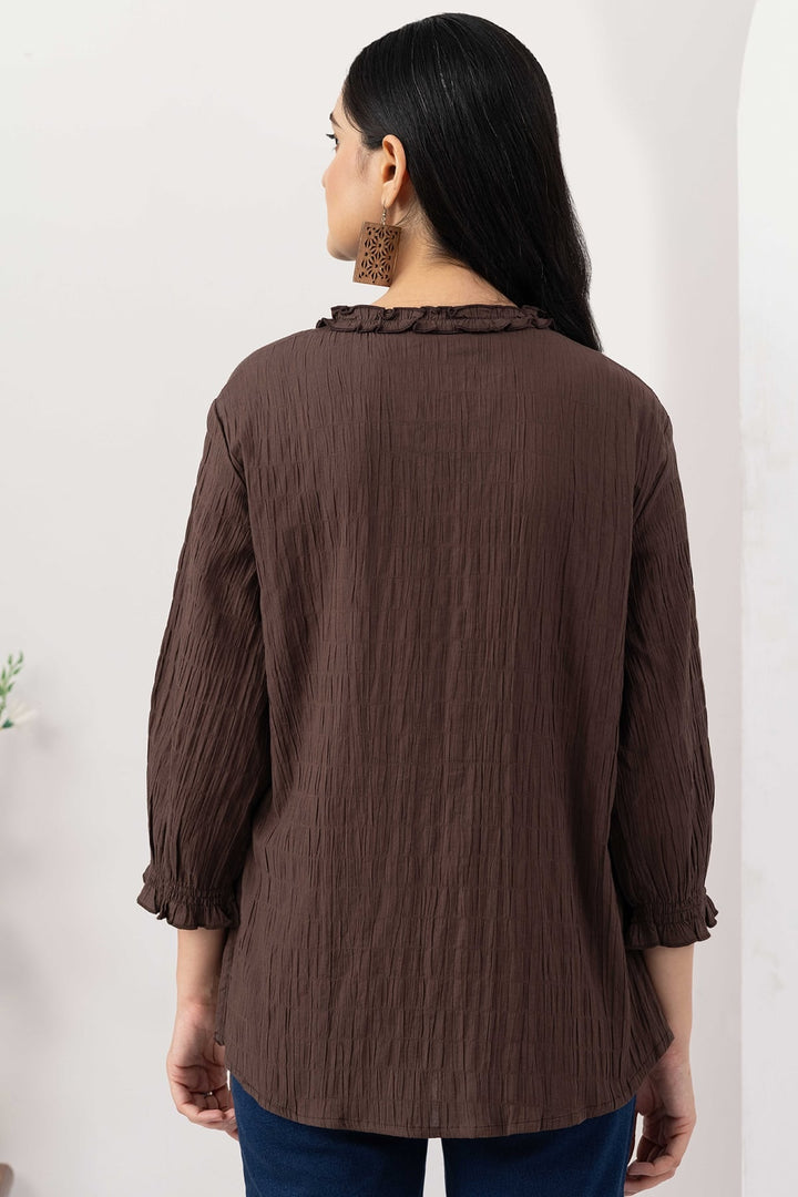 Brown Cotton Crepe Dobby Mandarin Collar Shirt with 3/4 Sleeves
