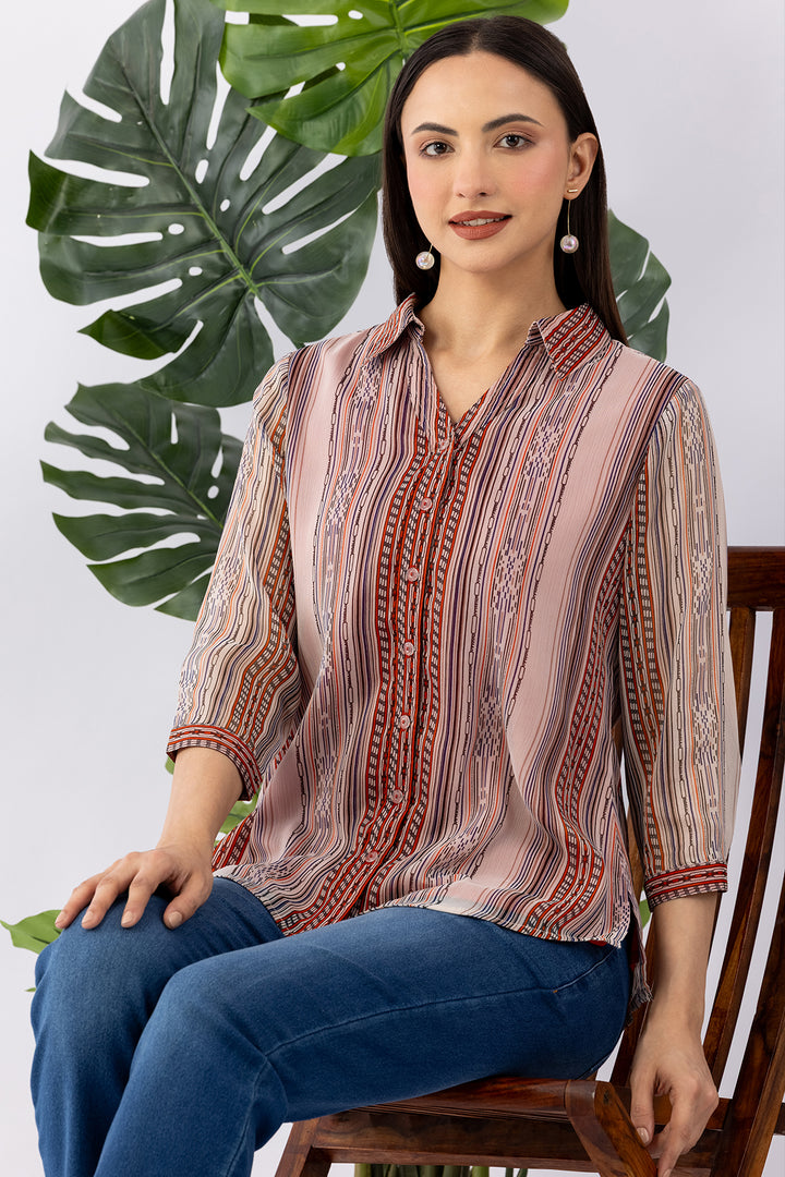 Ivory Chiffon Printed Shirt with Collar &amp; 3/4 Sleeves