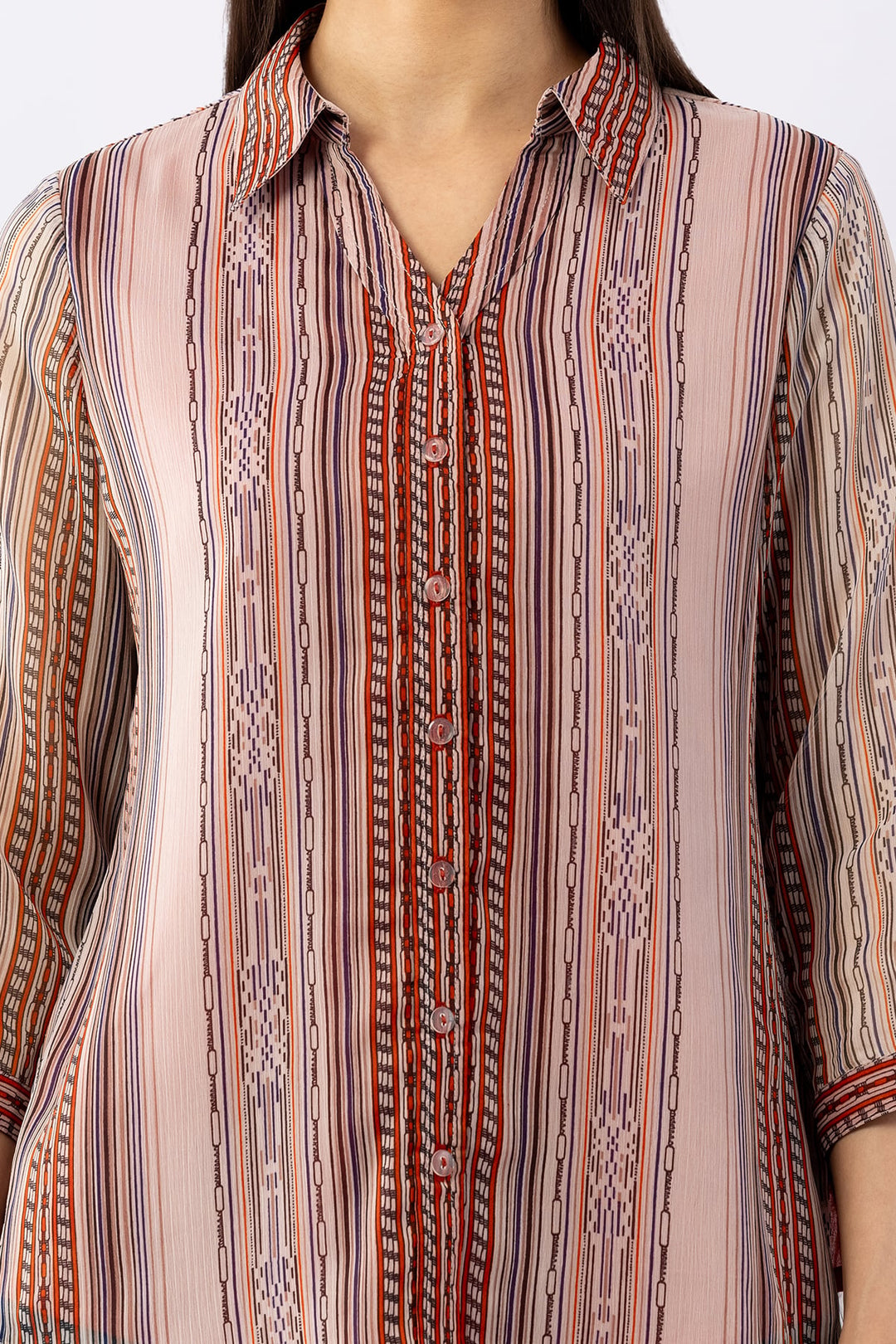 Ivory Chiffon Printed Shirt with Collar &amp; 3/4 Sleeves