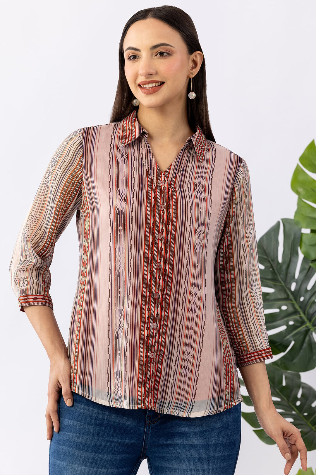 Ivory Chiffon Printed Shirt with Collar &amp; 3/4 Sleeves