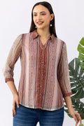 Ivory Chiffon Printed Shirt with Collar & 3/4 Sleeves