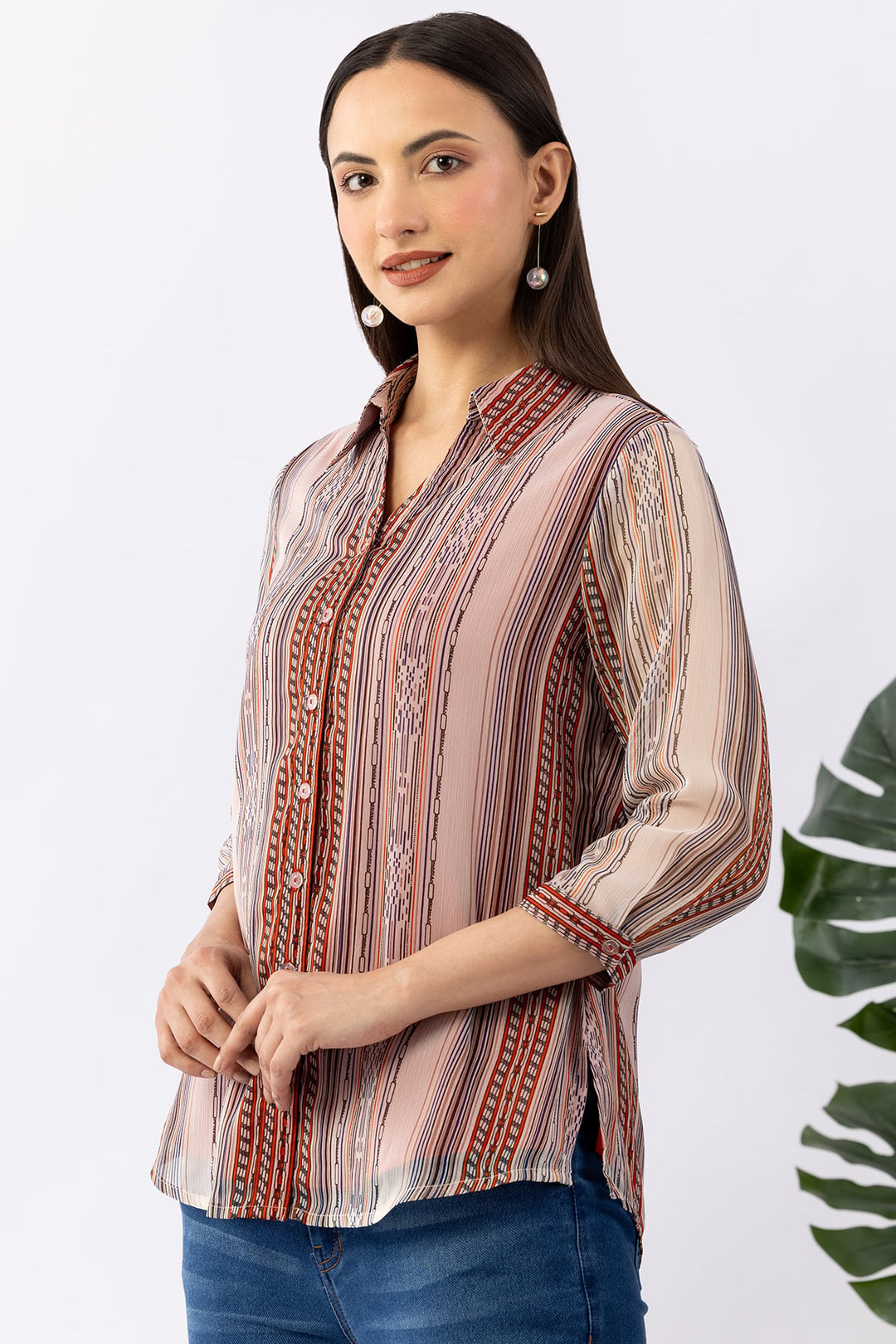 Ivory Chiffon Printed Shirt with Collar &amp; 3/4 Sleeves