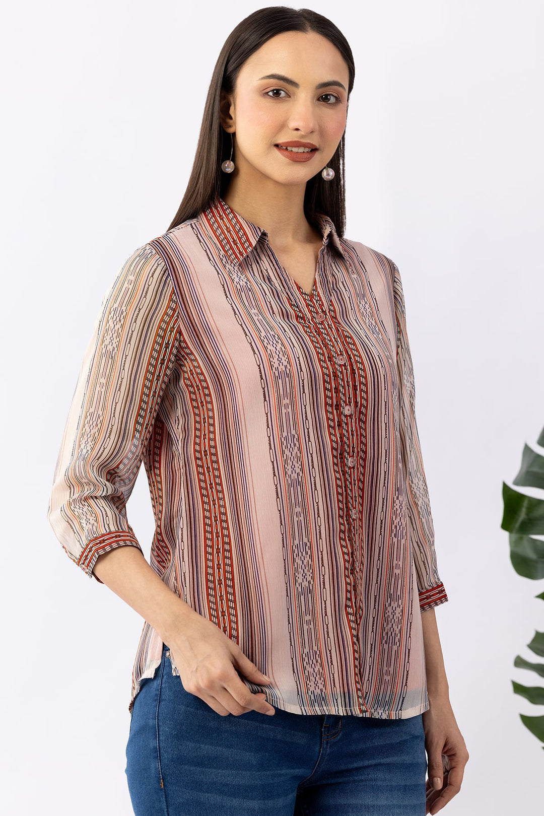 Ivory Chiffon Printed Shirt with Collar &amp; 3/4 Sleeves