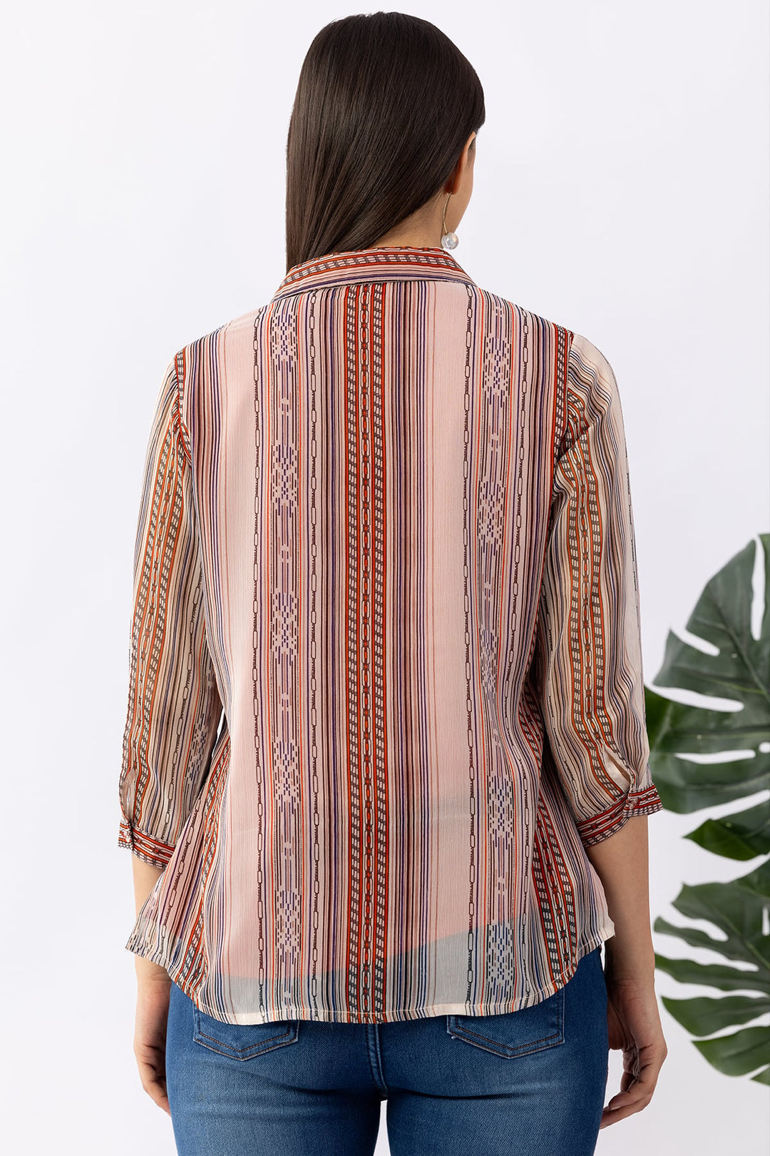 Ivory Chiffon Printed Shirt with Collar &amp; 3/4 Sleeves