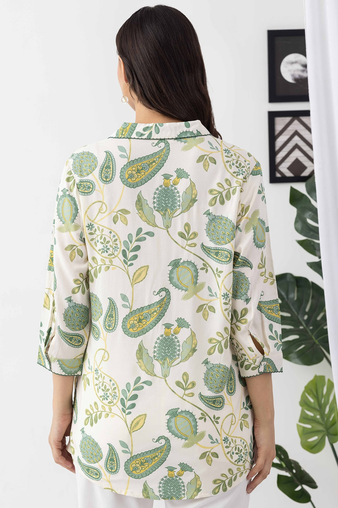 Ivory Rayon Twill Printed Shirt with Collar &amp; 3/4 Sleeves