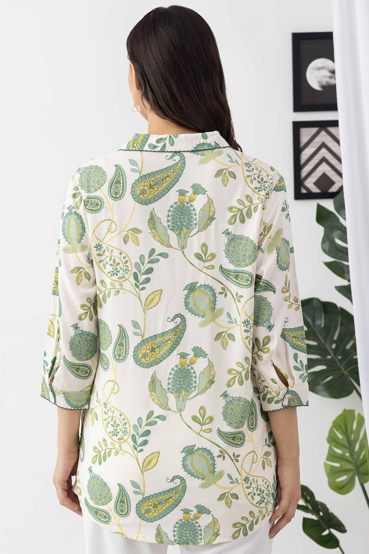 Ivory Rayon Twill Printed Shirt with Collar &amp; 3/4 Sleeves