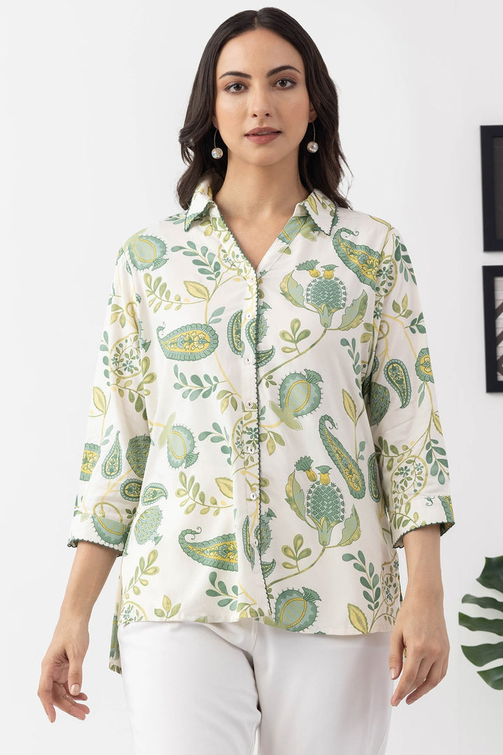 Ivory Rayon Twill Printed Shirt with Collar &amp; 3/4 Sleeves