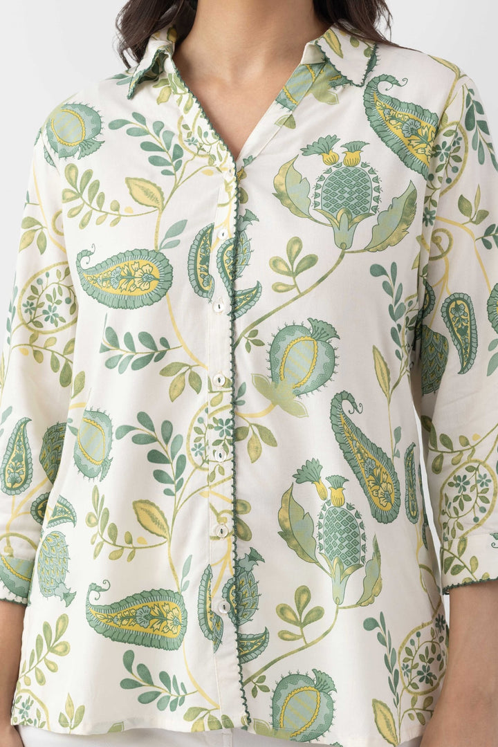 Ivory Rayon Twill Printed Shirt with Collar &amp; 3/4 Sleeves