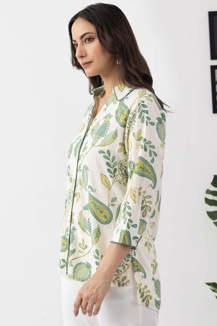 Ivory Rayon Twill Printed Shirt with Collar &amp; 3/4 Sleeves