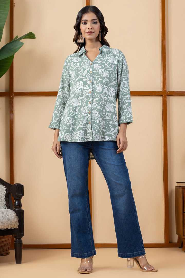 Sage Green Viscose Slub Printed Shirt