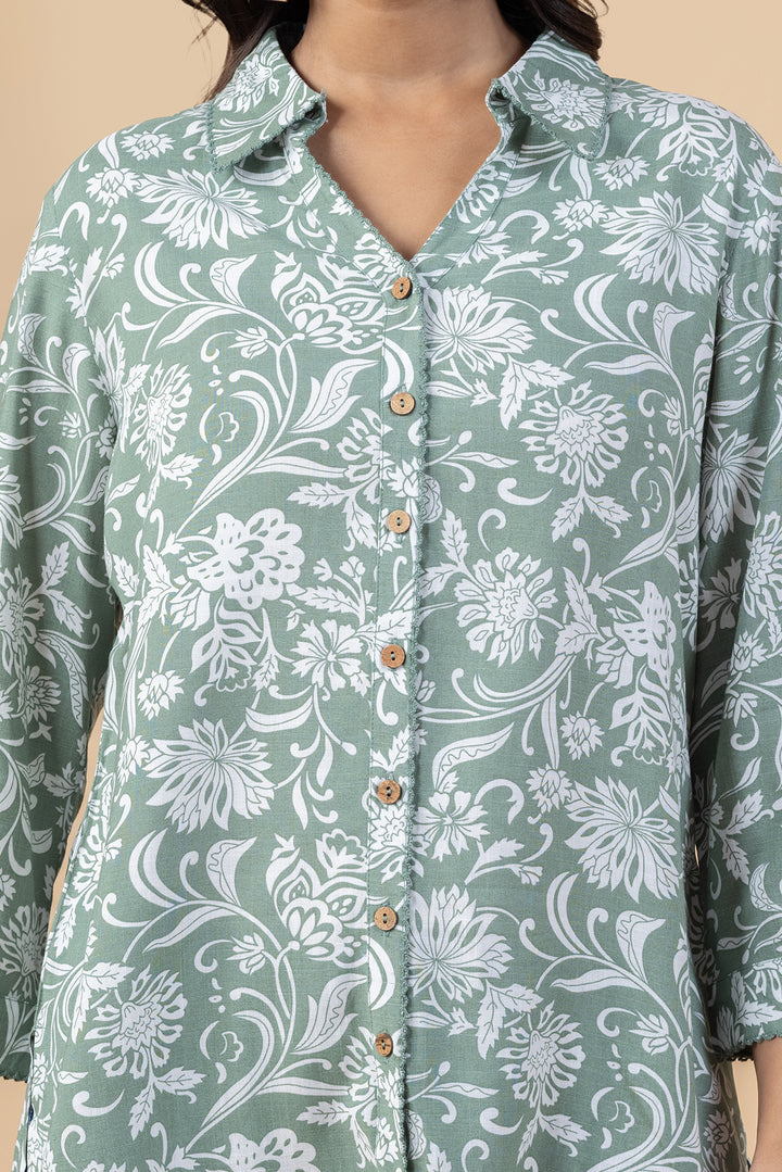 Sage Green Viscose Slub Printed Shirt
