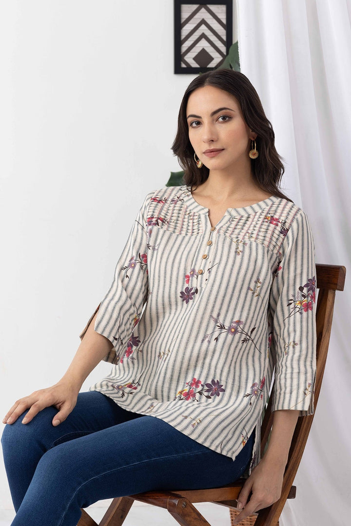 Ivory Cotton Dobby Print Striped Top with Round Neck &amp; 3/4 Sleeves