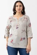 Ivory Cotton Dobby Print Striped Top with Round Neck & 3/4 Sleeves
