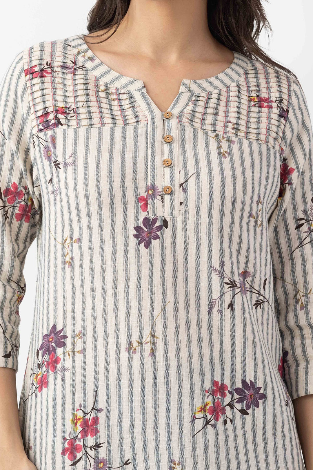 Ivory Cotton Dobby Print Striped Top with Round Neck &amp; 3/4 Sleeves