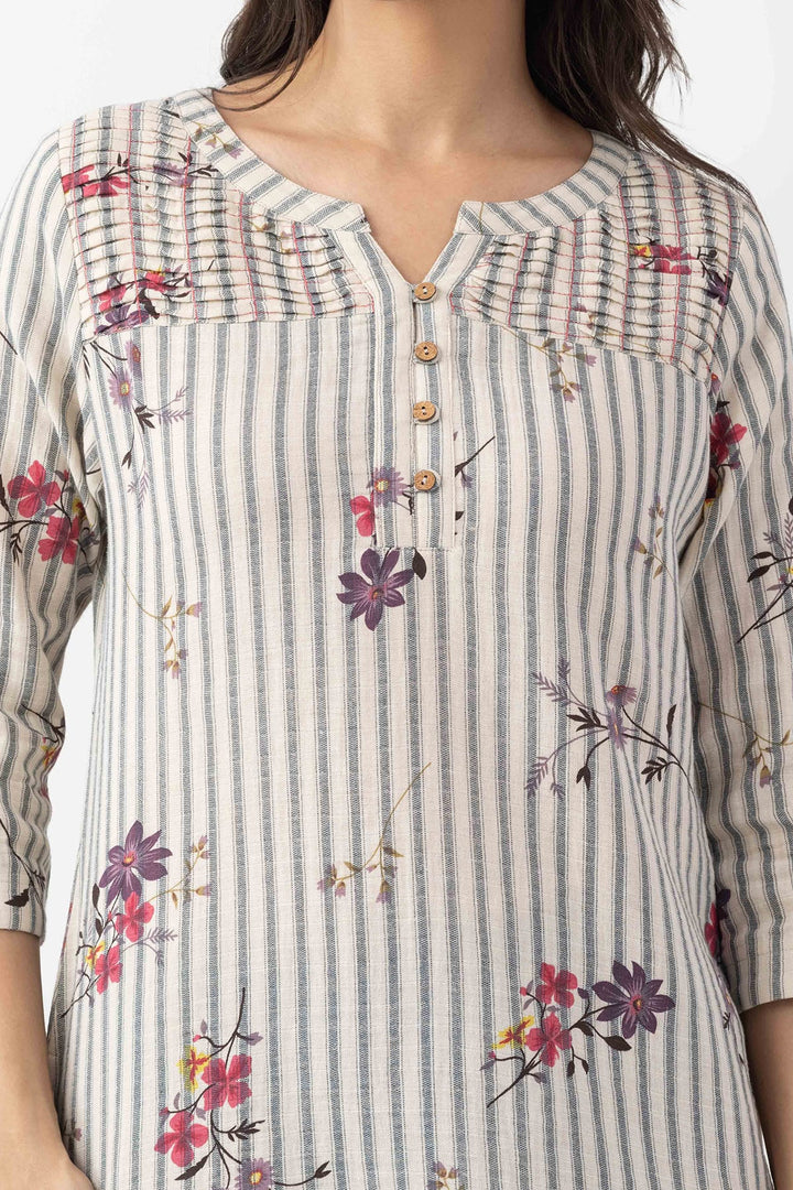 Ivory Cotton Dobby Print Striped Top with Round Neck &amp; 3/4 Sleeves