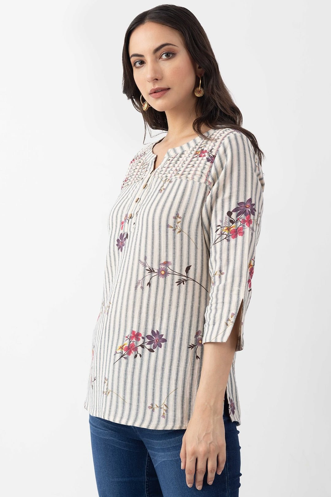 Ivory Cotton Dobby Print Striped Top with Round Neck &amp; 3/4 Sleeves