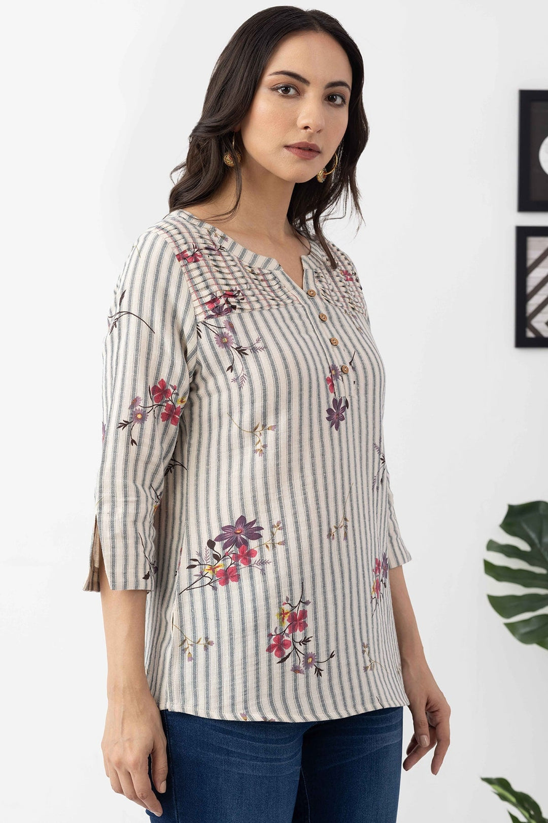 Ivory Cotton Dobby Print Striped Top with Round Neck &amp; 3/4 Sleeves