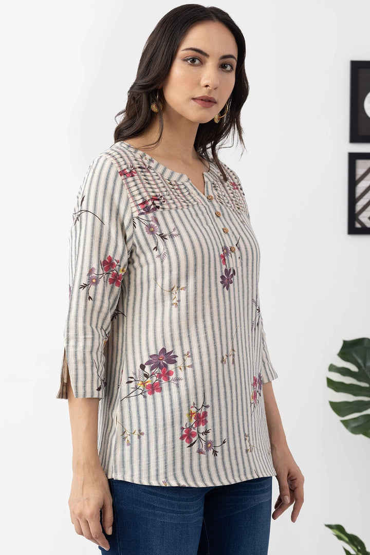Ivory Cotton Dobby Print Striped Top with Round Neck &amp; 3/4 Sleeves