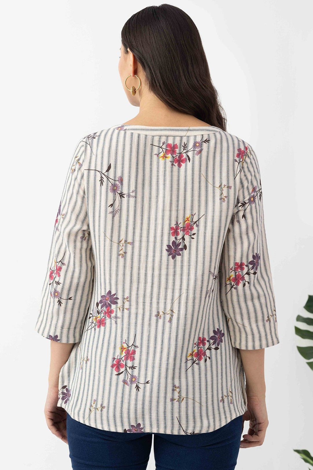 Ivory Cotton Dobby Print Striped Top with Round Neck &amp; 3/4 Sleeves