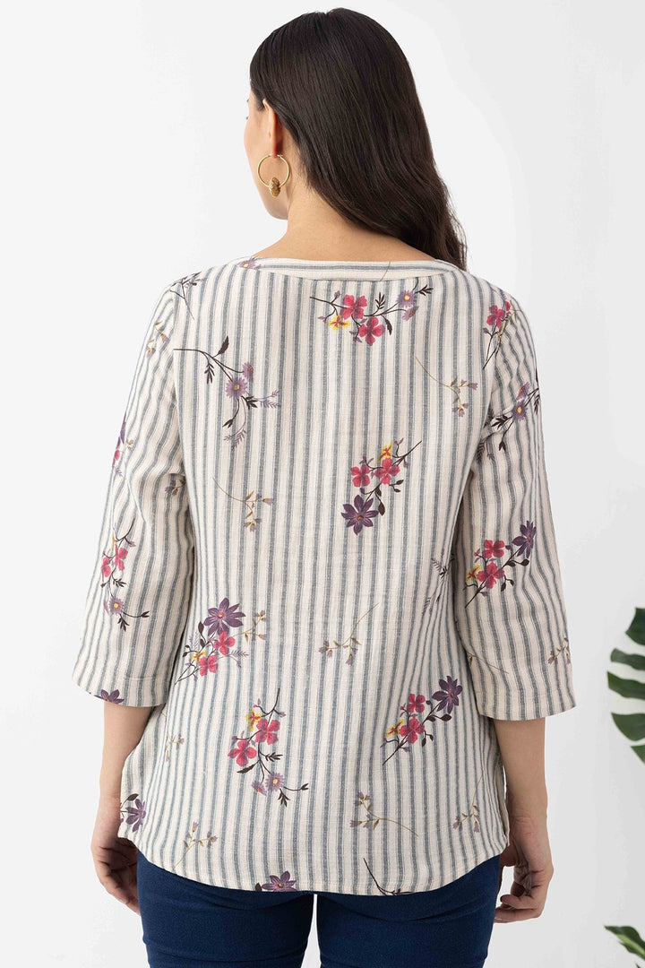 Ivory Cotton Dobby Print Striped Top with Round Neck &amp; 3/4 Sleeves