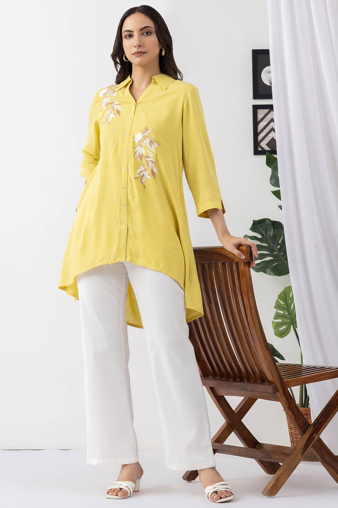 Lemon yellow tunic for women with embroidered detailing and 3/4th sleeves
