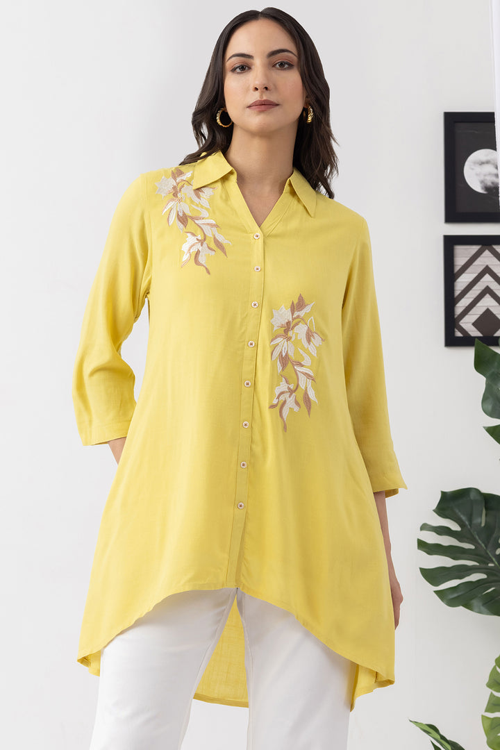 Lemon yellow tunic for women with embroidered detailing and 3/4th sleeves