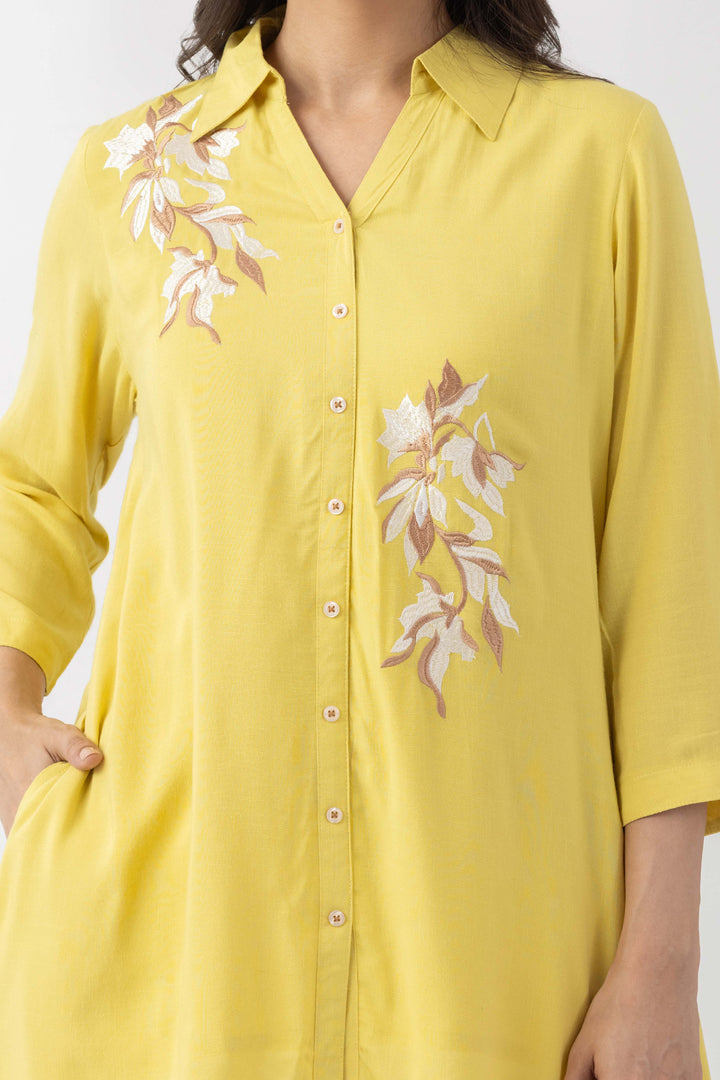 Lemon yellow tunic for women with embroidered detailing and 3/4th sleeves