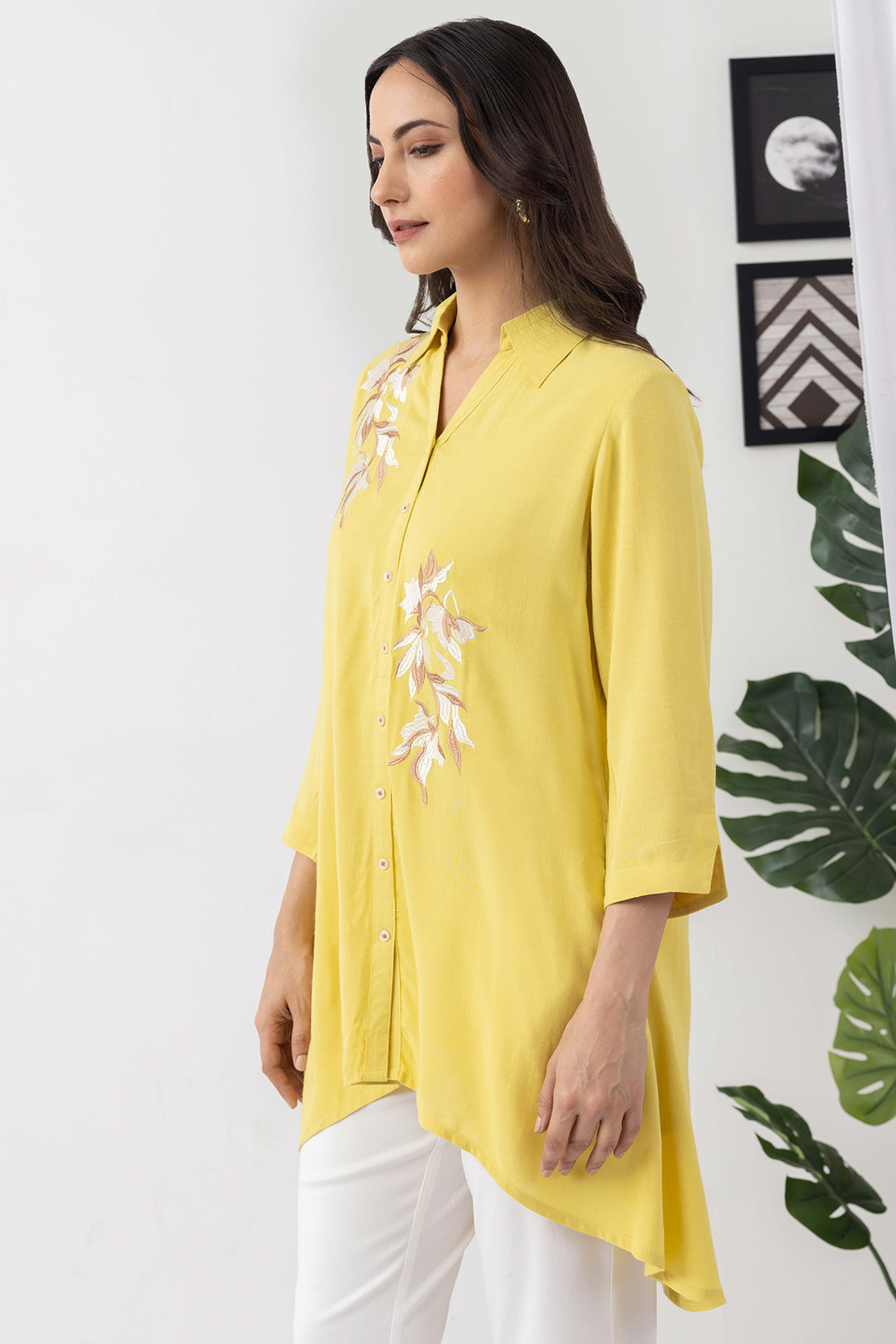 Lemon yellow tunic for women with embroidered detailing and 3/4th sleeves