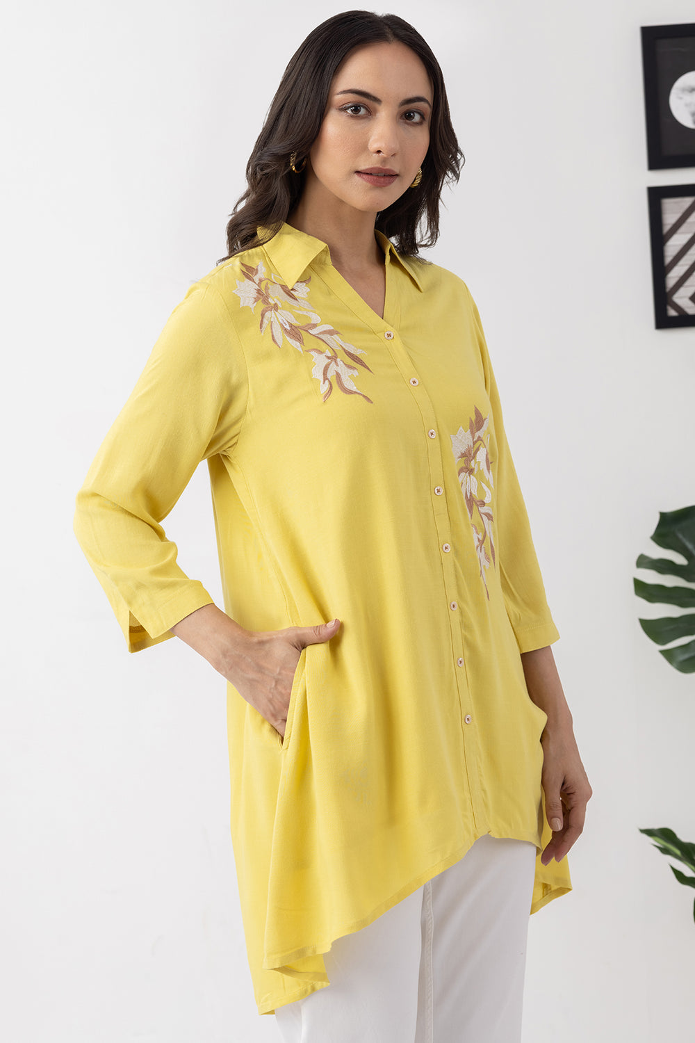 Lemon yellow tunic for women with embroidered detailing and 3/4th sleeves