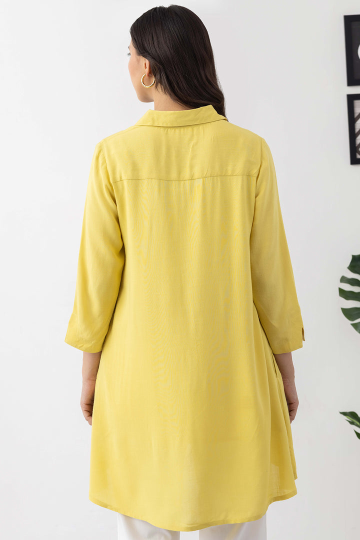 Lemon yellow tunic for women with embroidered detailing and 3/4th sleeves