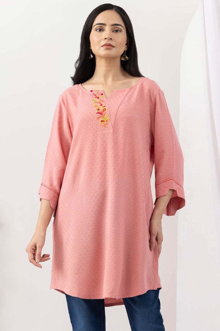 Rose Pink Viscose Dobby Tunic with Regular Fit