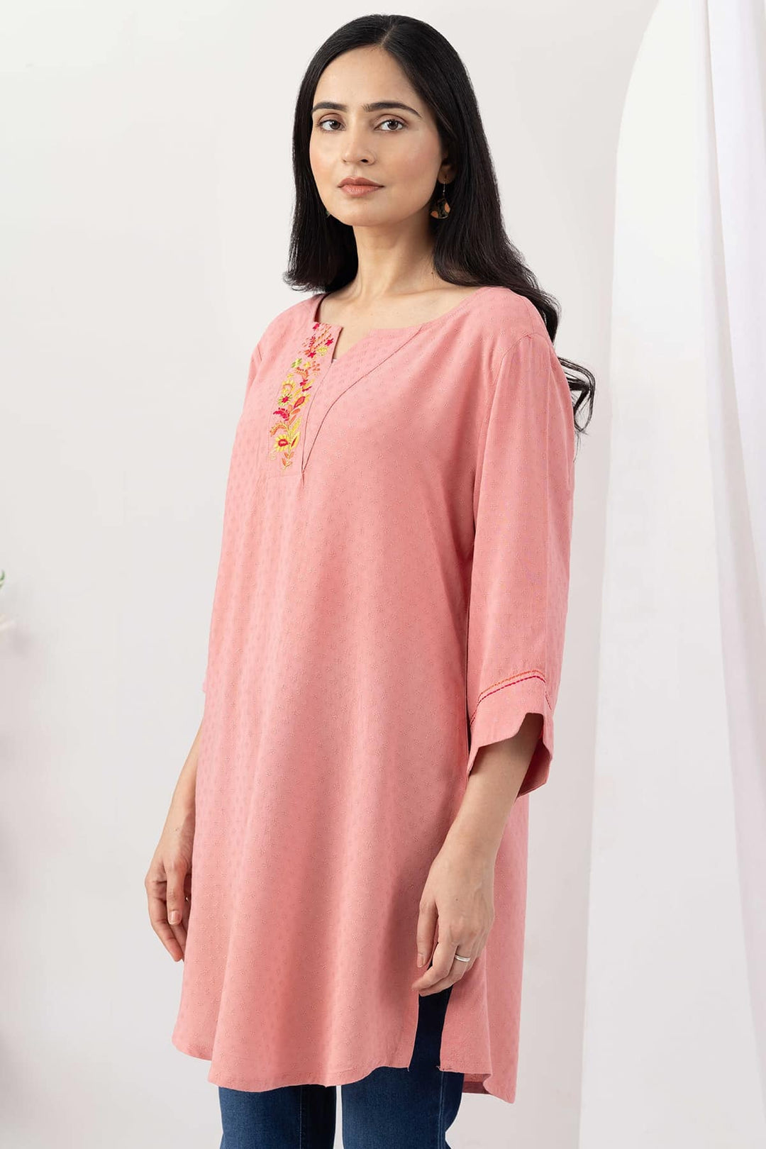 Rose Pink Viscose Dobby Tunic with Regular Fit