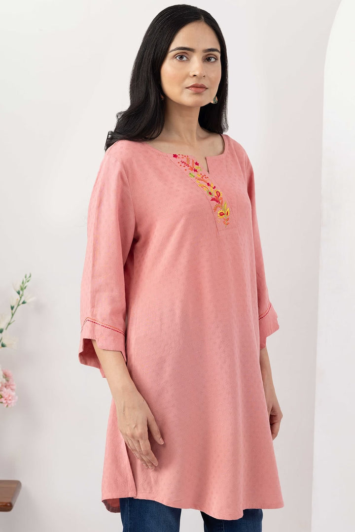 Rose Pink Viscose Dobby Tunic with Regular Fit