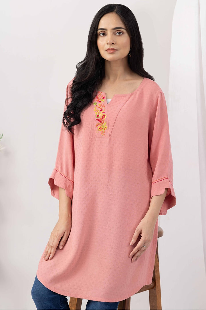 Rose Pink Viscose Dobby Tunic with Regular Fit