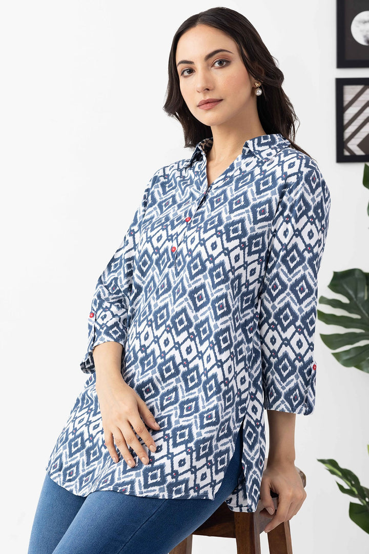 Navy Blue Printed Viscose Tunic with Collar &amp; 3/4 Sleeves