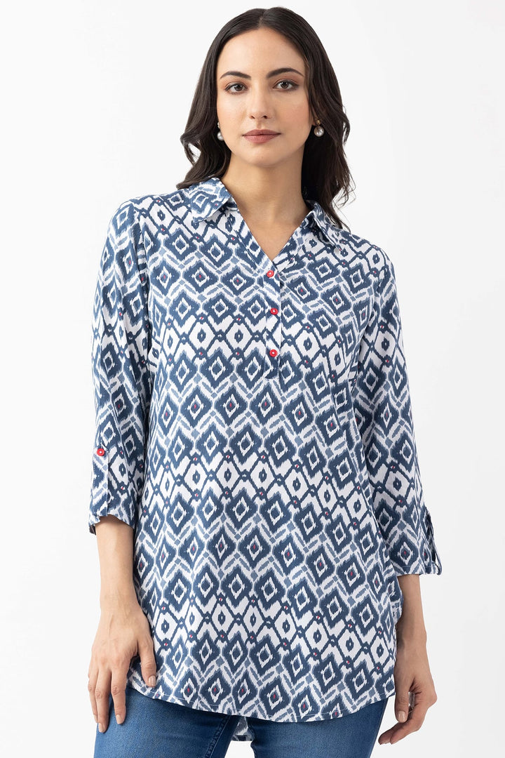 Navy Blue Printed Viscose Tunic with Collar &amp; 3/4 Sleeves
