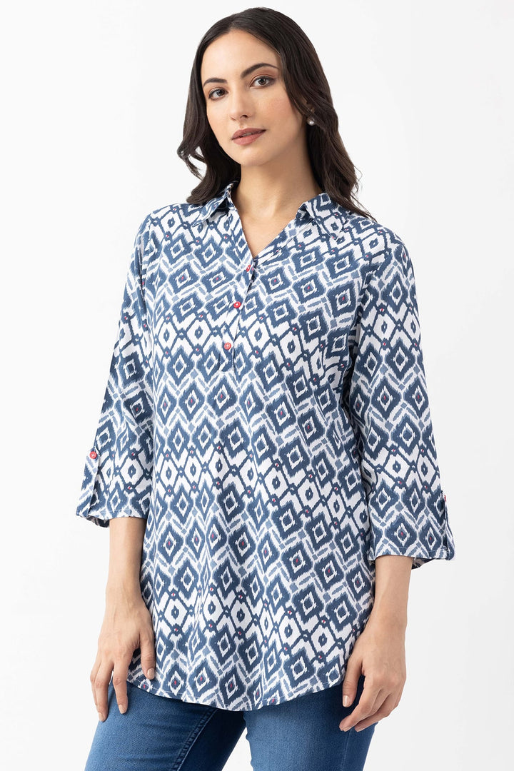 Navy Blue Printed Viscose Tunic with Collar &amp; 3/4 Sleeves